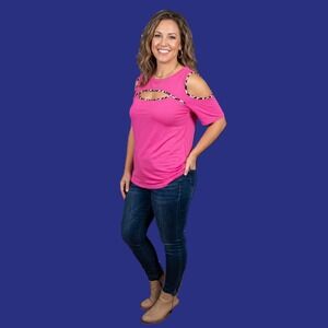 Celeste Women Pink Cold Shoulder Cutout Leopard Trim Top 3XL